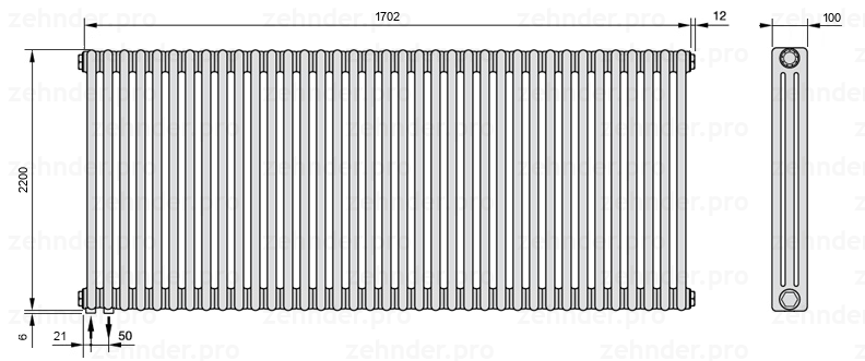 Схема (чертеж) Радиатор Zehnder Charleston 3220/37 №3370 Белый глянцевый RAL 9016